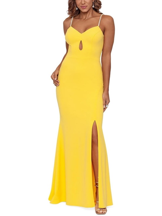 Xscape Dresses & Skirts - Xscape Yellow Rhinestone Spaghetti Strap Front-Slit Gown Size 0